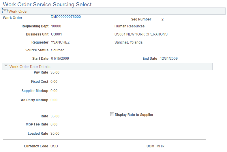 Work Order Service Sourcing Select page (1 of 3)