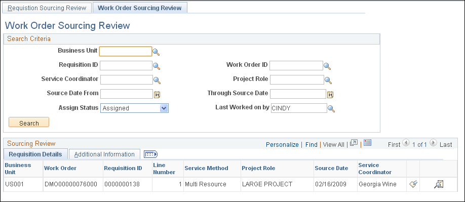 Work Order Sourcing Review page