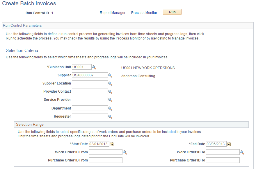 Create Batch Invoices page (1 of 2)