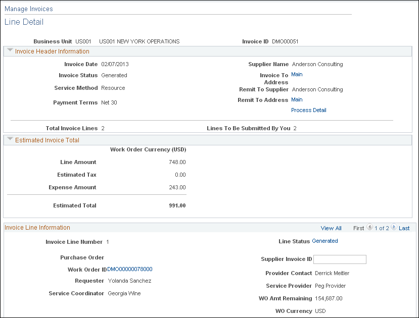 Manage Invoices - Line Detail page (1 of 2)