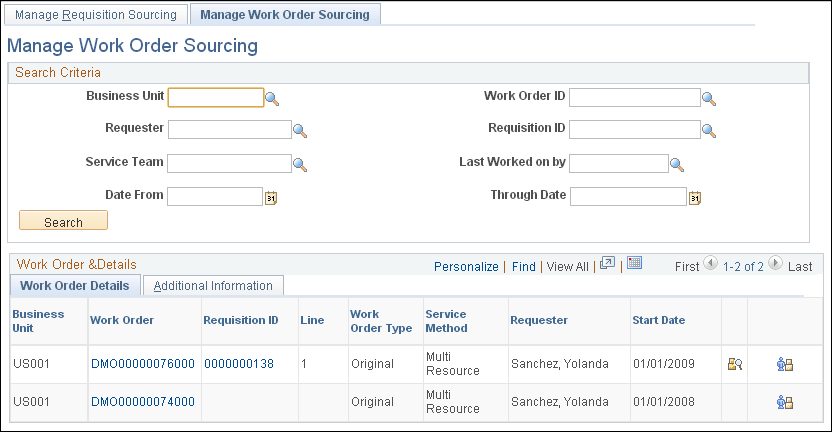 Manage Work Order Sourcing page