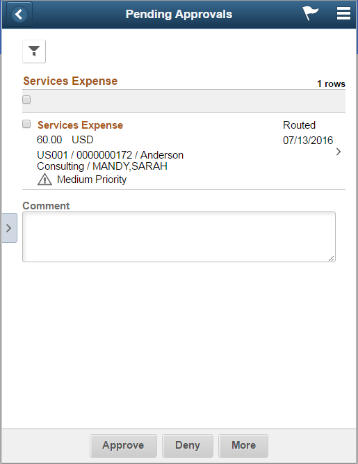Pending Approvals - Services Expense list page as displayed on the smartphone