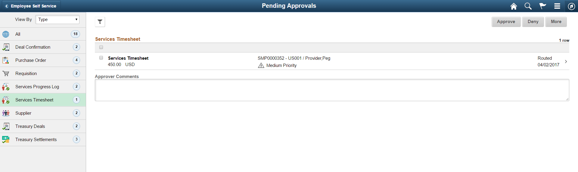 Pending Approvals - Services Timesheet list page