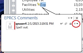 ドロップダウン・リストの矢印が円で囲まれたコメントのテキスト・ボックス。