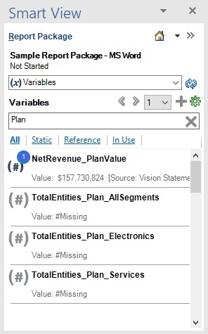 検索した用語に基づいてフィルタ処理された変数のリストが示されている「レポート・パッケージ」パネル。