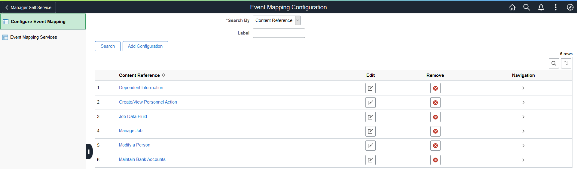 Event Mapping Configuration search page