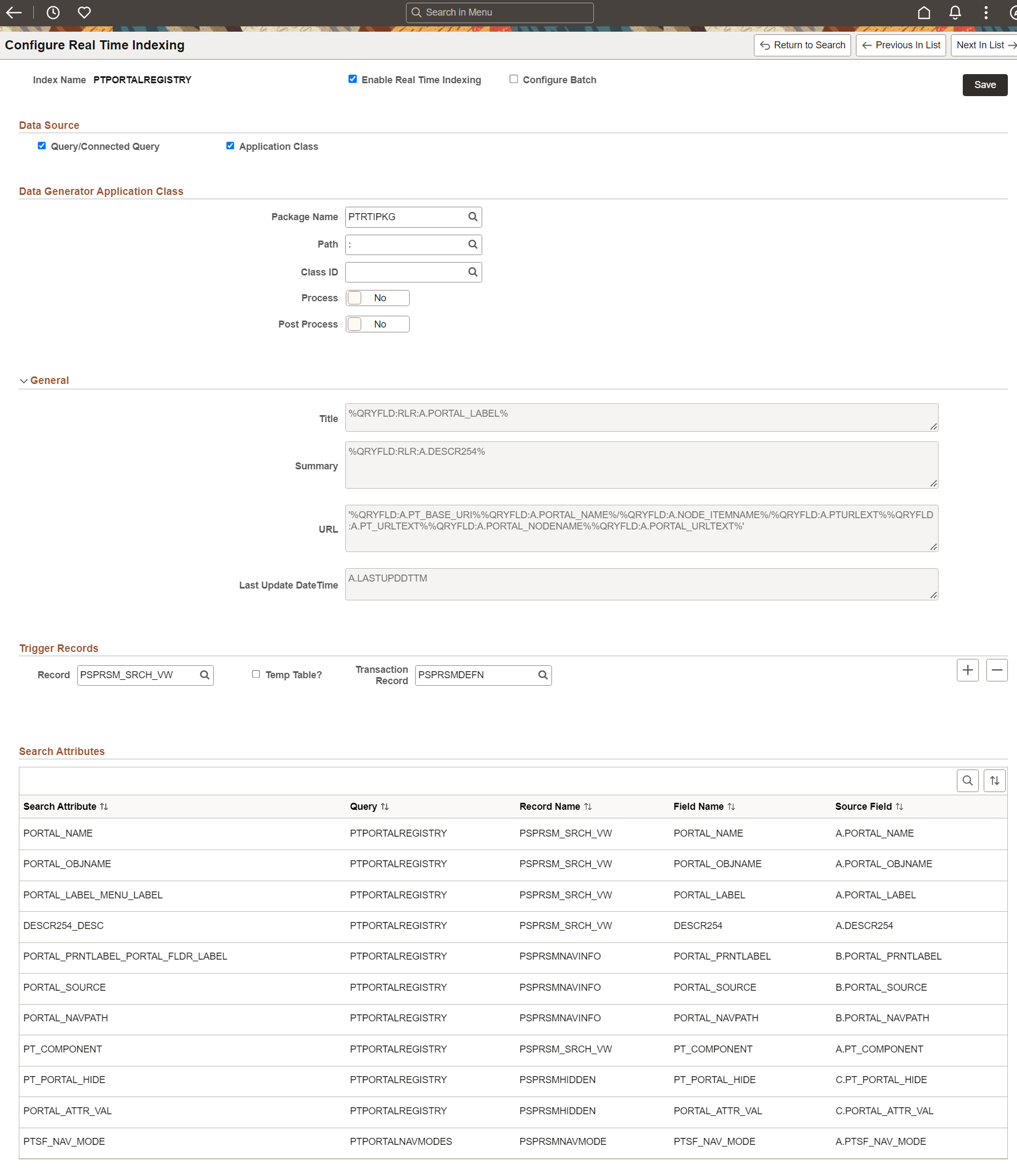 Configure Real Time Indexing page