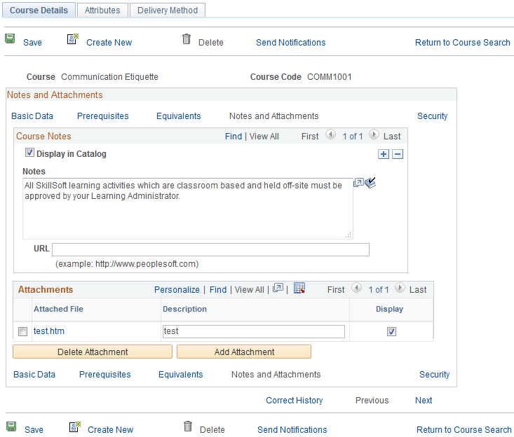 Course Details: Notes and Attachments page