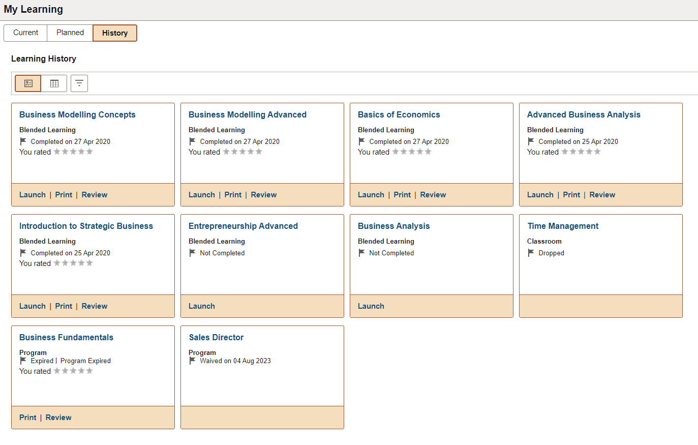 History tab of My Learning in ESS