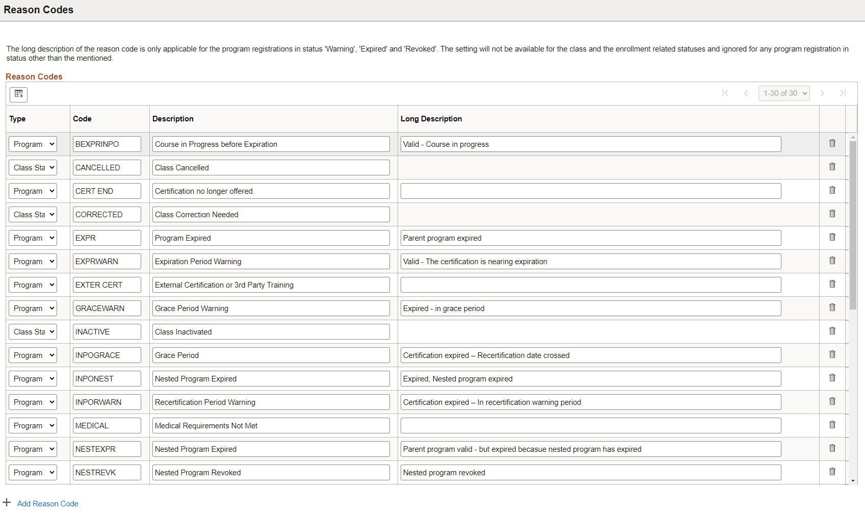 Reason Codes page