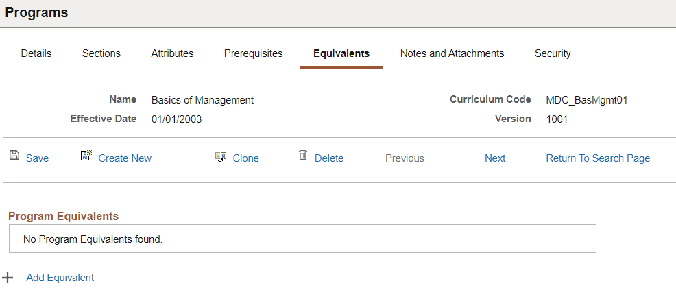 Equivalents page of Programs