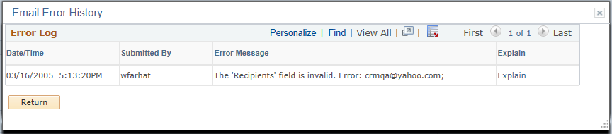 Email Error History page