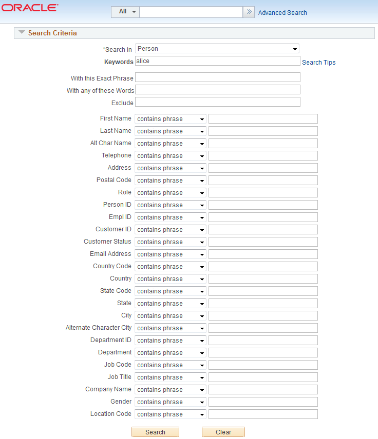 Advanced search options for the Person search category in Global Search