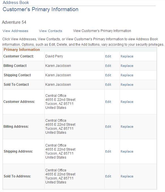 'Address Book: Customer's Primary Information page