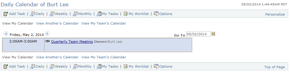 <>Daily Team Calendar of <Name> page