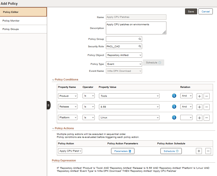 Add Policy page, Apply CPU Patches example