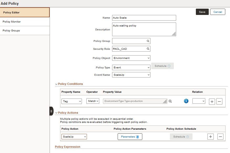 Add Policy page, Auto Scale example