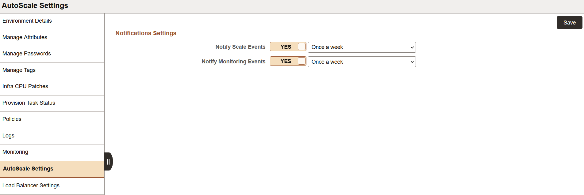 AutoScale Settings page