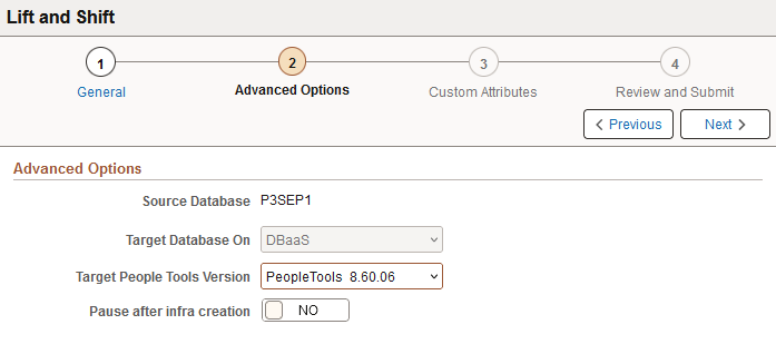 Lift and Shift - Advanced Options page