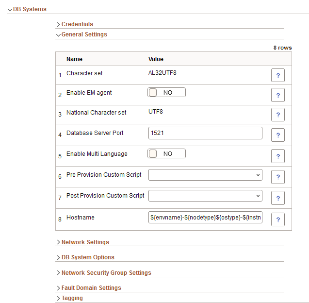 Lift and Shift - DB Systems General Settings section
