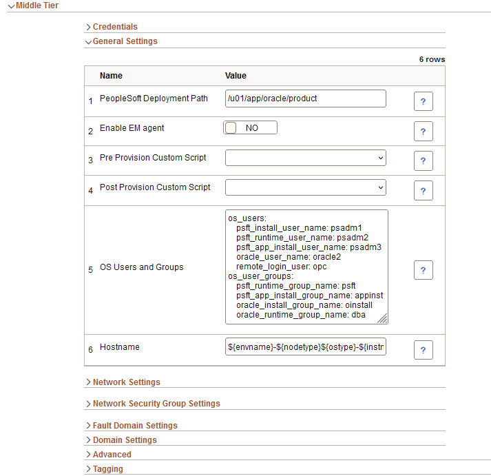 Lift and Shift - Middle Tier General Settings section