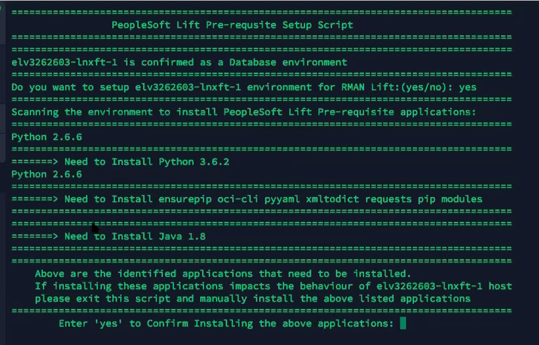 Example PeopleSoft Lift Prerequisite Setup Script for Database Environment