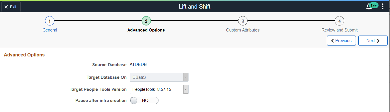 Lift and Shift - Advanced Options page