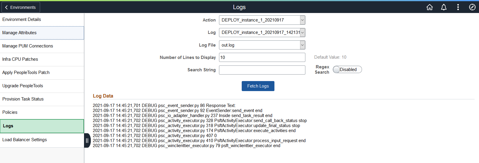 Logs page