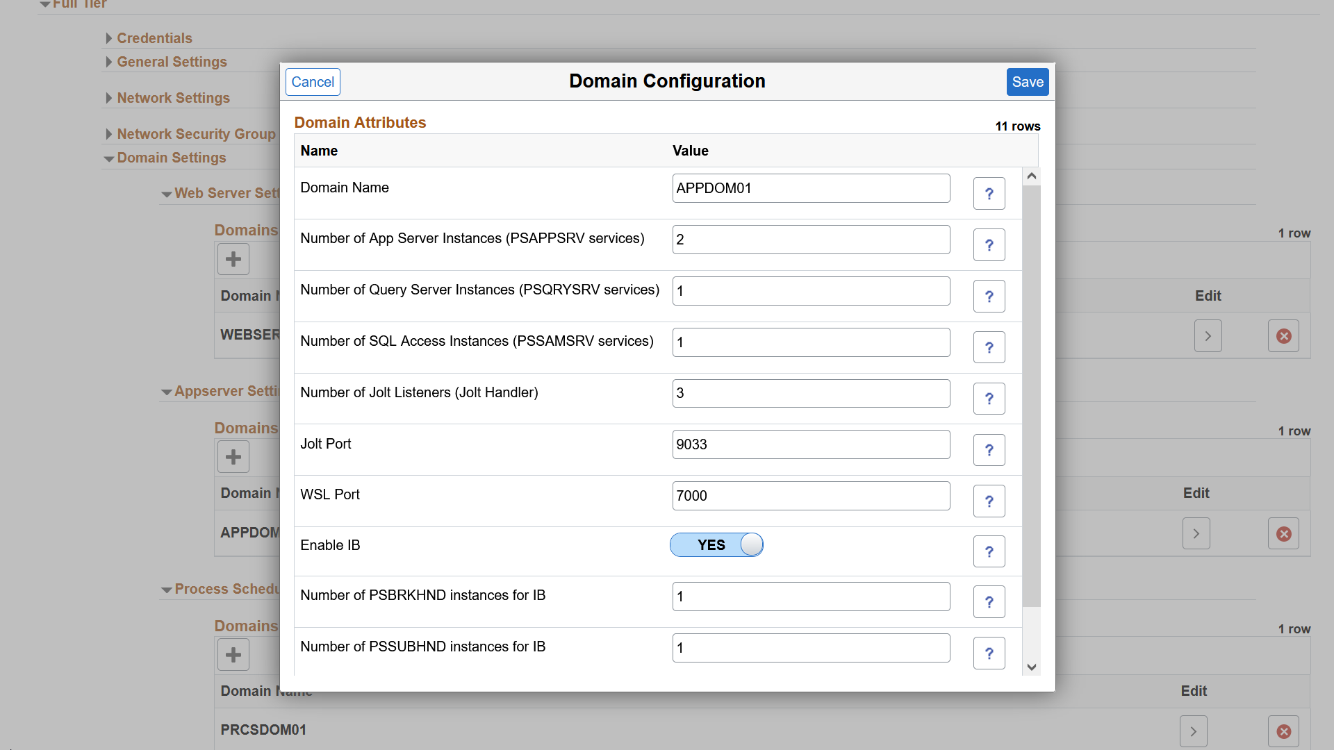 Domain Configurations on Create Environment page - App Server