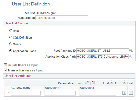User List Definition page
