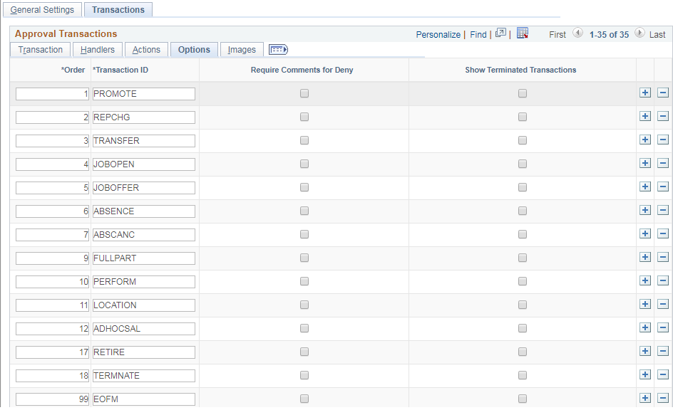 Mobile Approval Options Transactions page Options tab.