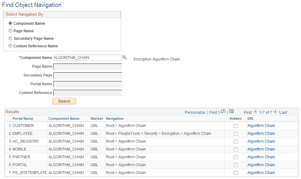 Find Object Navigation page with the navigation grid displaying the path and URL for search parameters of component name