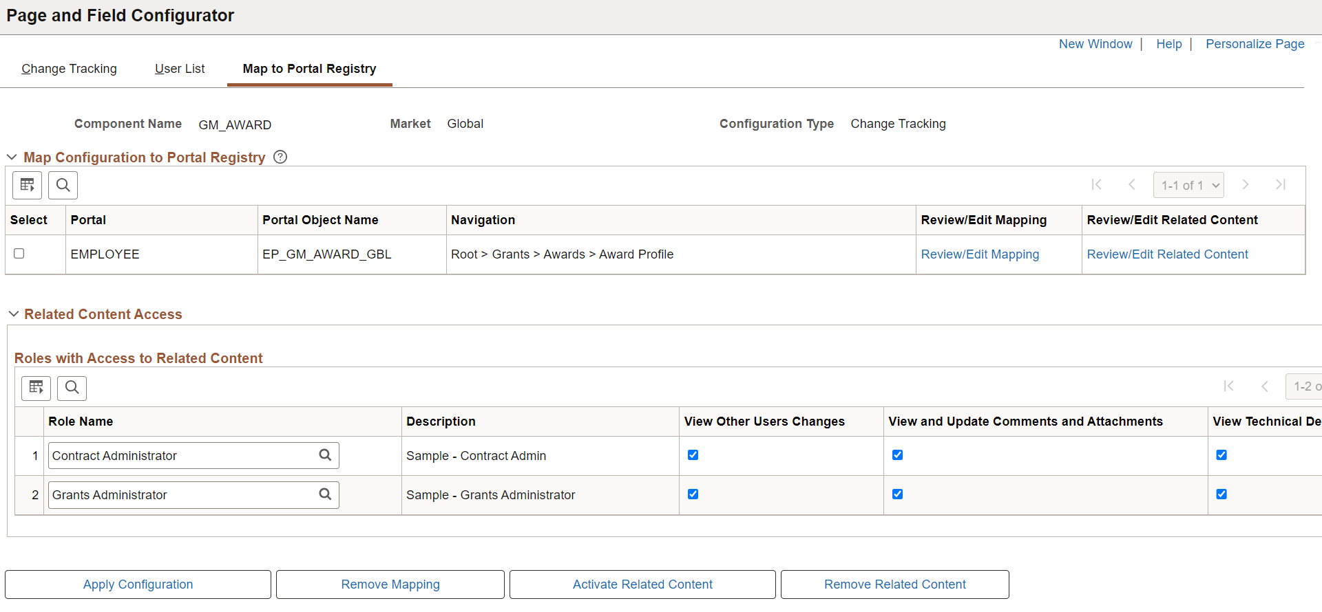 Map to Portal Registry Page (with Change Tracking configuration enabled)