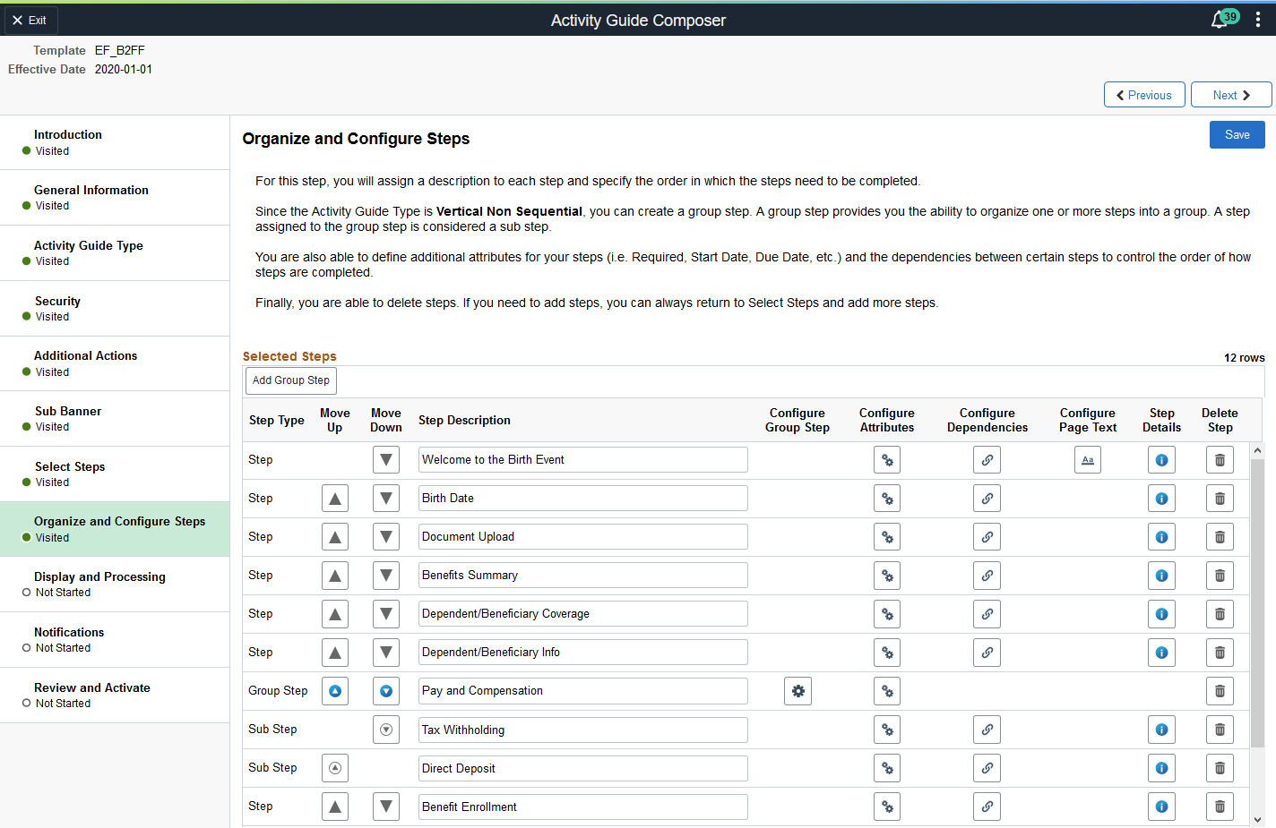 Activity Guide Composer - Organize and Configure Steps page