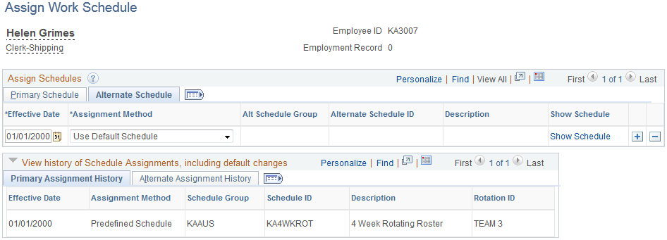 Assign Work Schedule page: Alternate Schedule tab