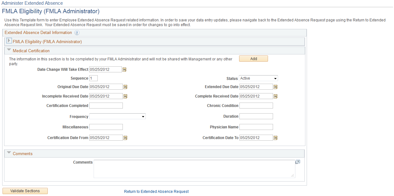Request Extended Absence Configurable Sections page (shown as the FMLA Eligibility page)
