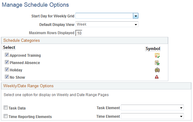 Manage Schedules Options page