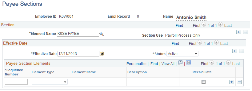 Payee Sections page