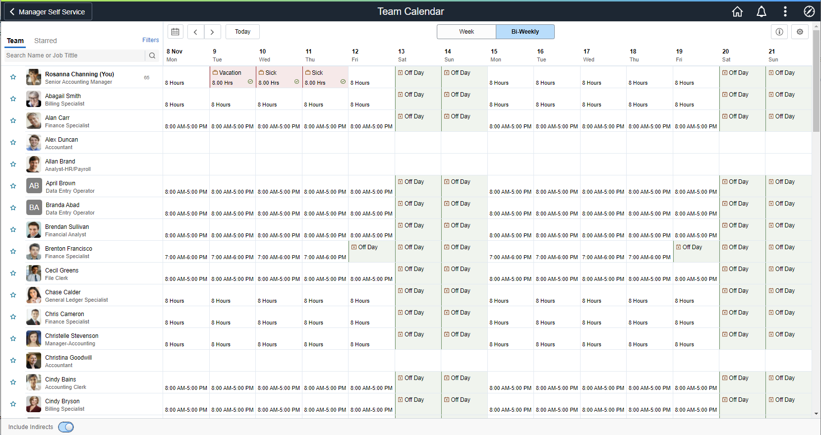 Team Calendar page bi-weekly view