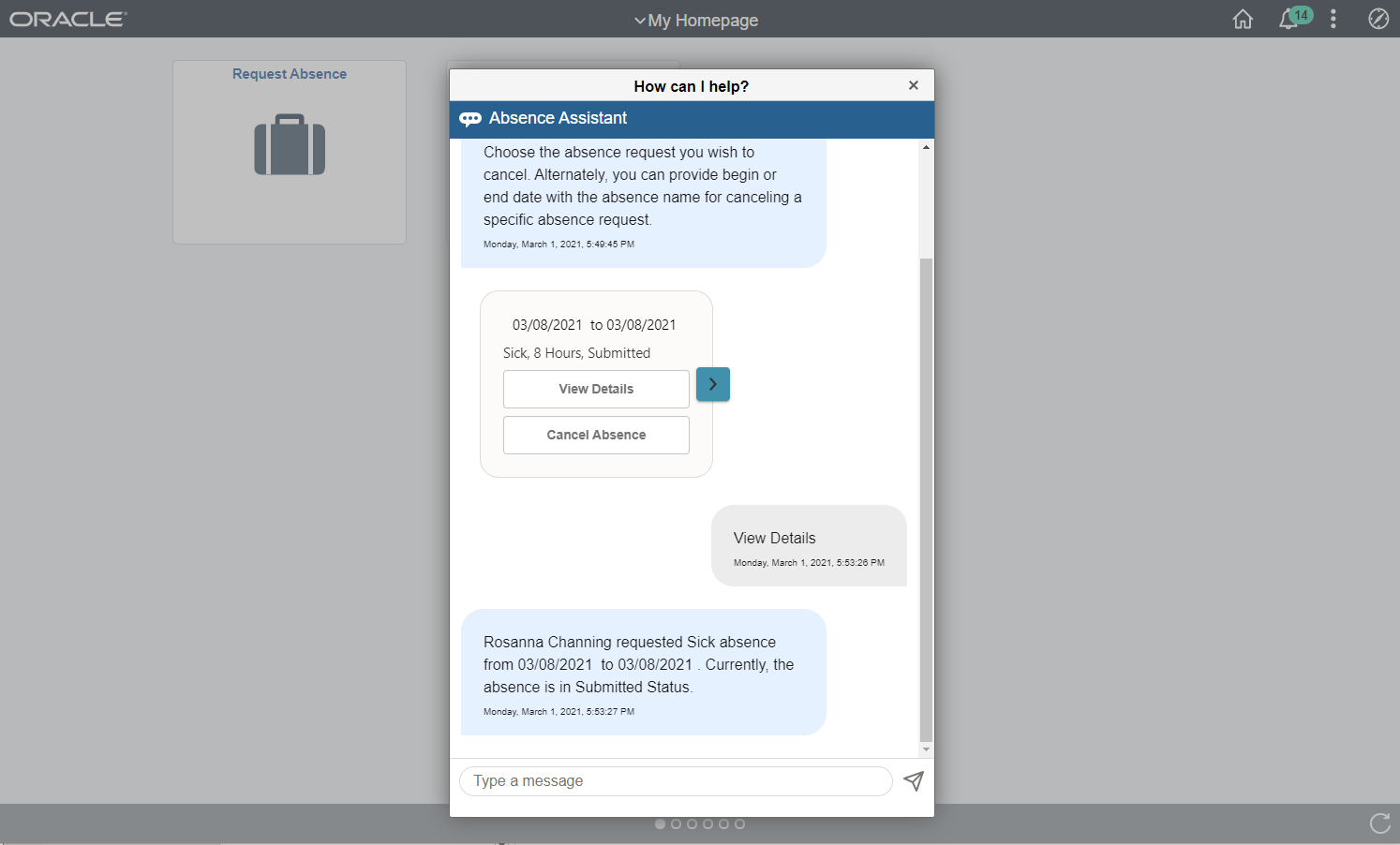 Absence Assistant with Cancel Absence View Details