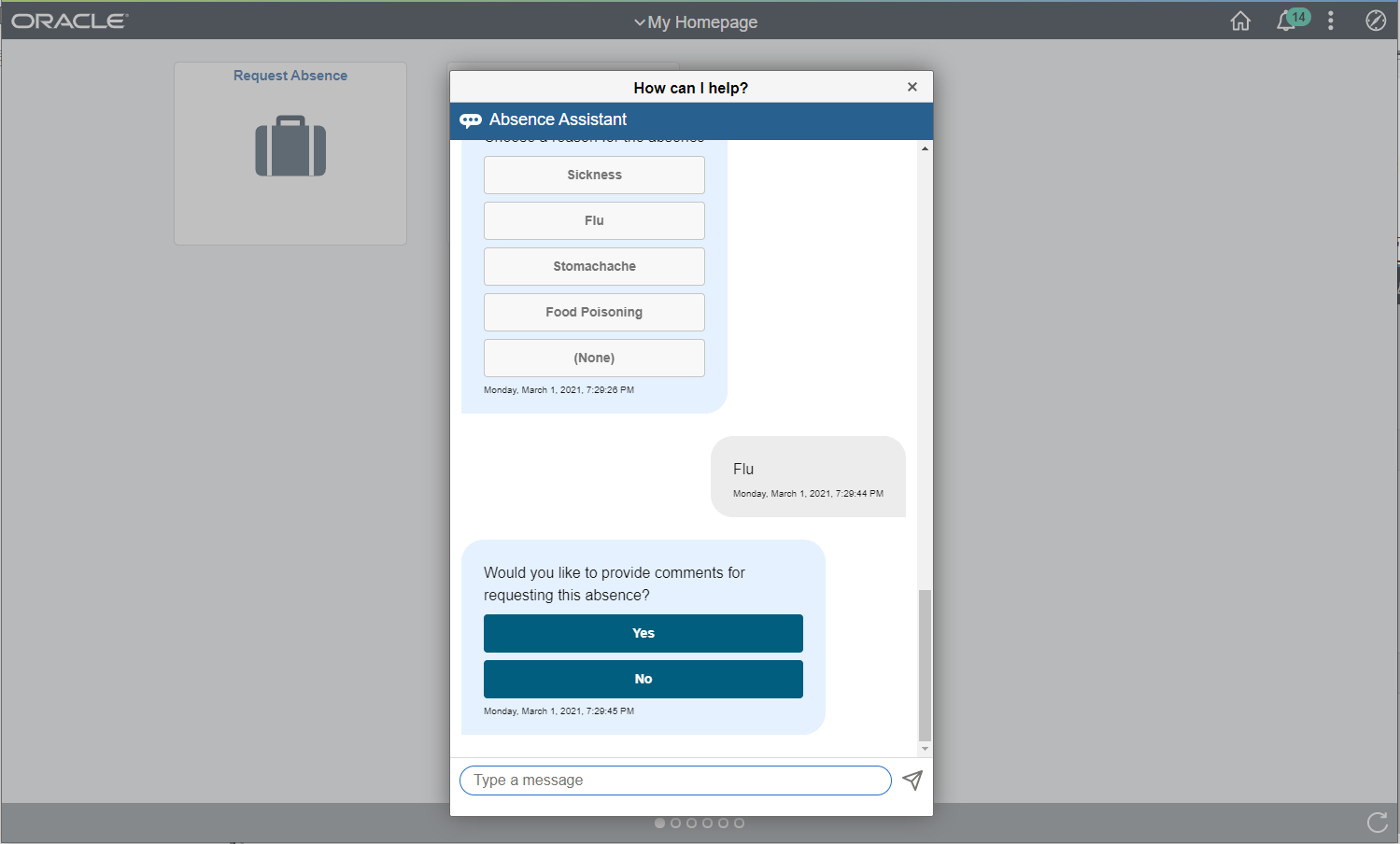 Absence Assistant Page with Comments and Confirmation