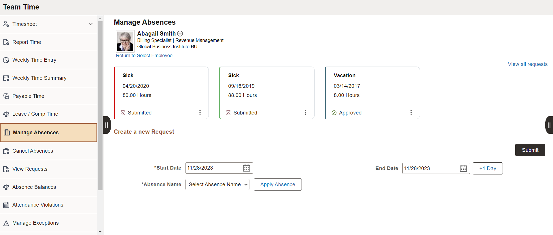 Manage Absence Page