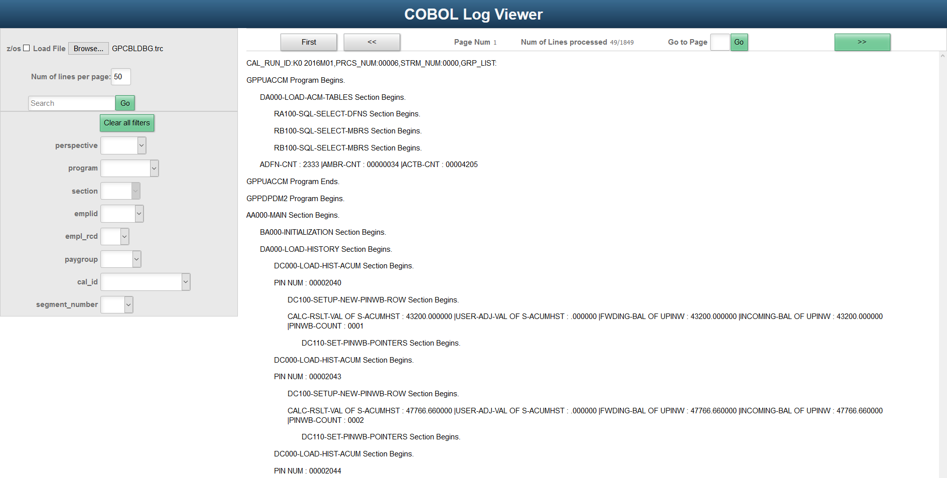 Example of the COBOL Log Viewer
