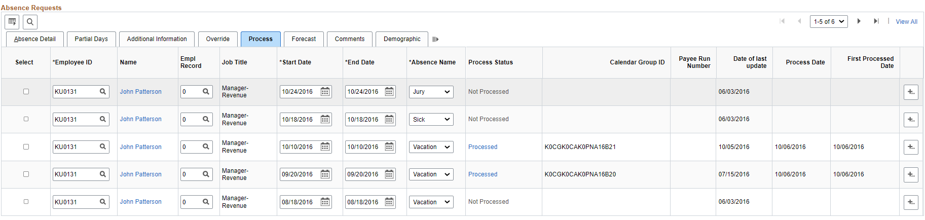 Create and Maintain Absence Requests page: Process tab