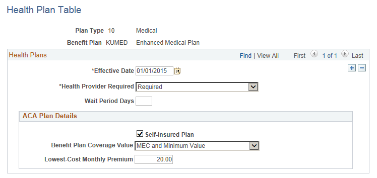 Health Plan Table page