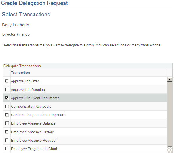 Create Delegation Request - Select Transactions page