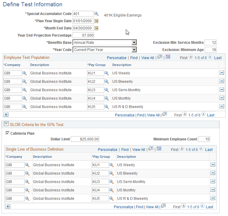 Define Test Information page for Section 129 testing