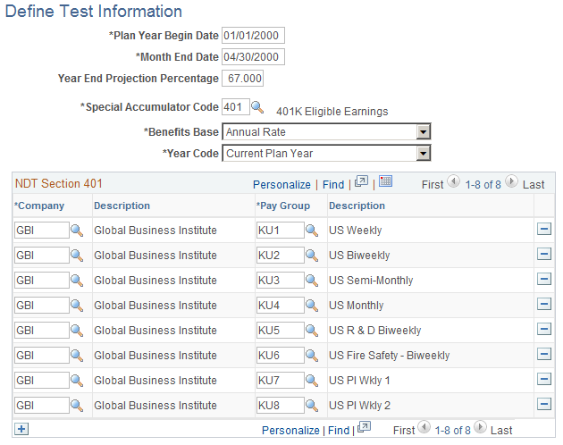 Define Test Information page for Section 401 testing