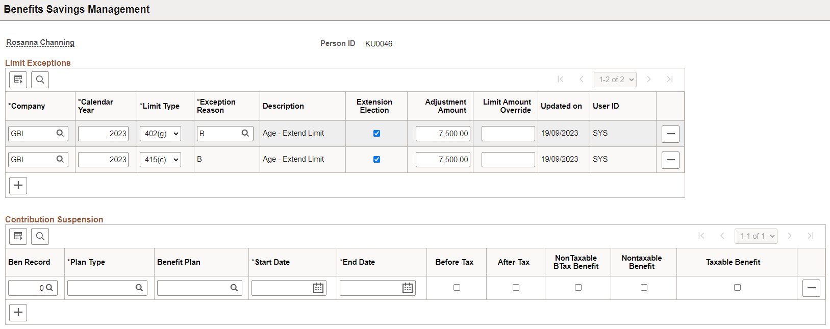 Benefits Savings Management page