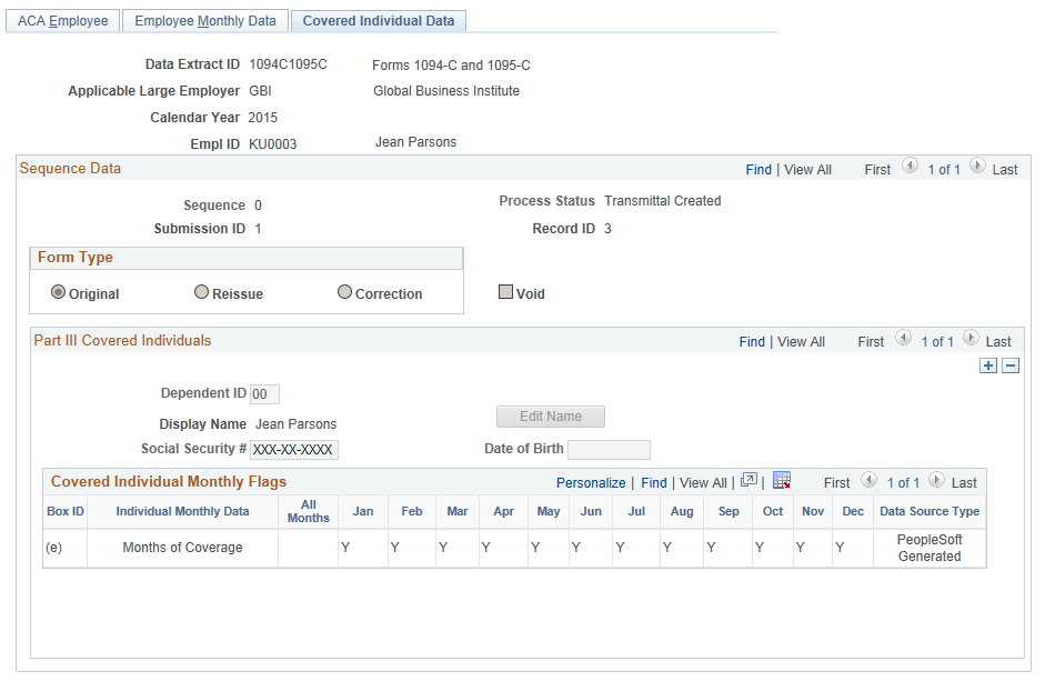 ACA Employee Transmittal Data page - Covered Individual Data tab